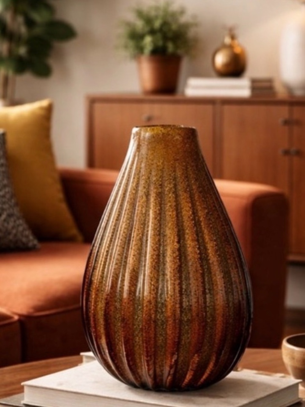 Sasaki Italian Crystal Vase Hand Crafted Marea 11” Tear Drop Ribbed Tiger’s Eye